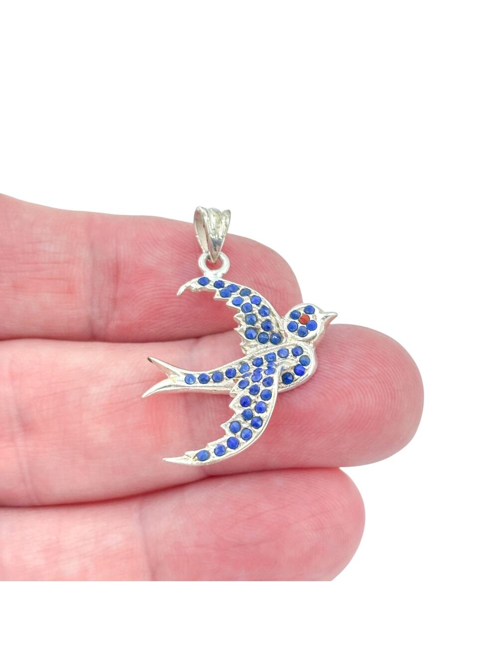 Vintage Sterling Silver 925 Blue Crystal Swallow Bird Pendant